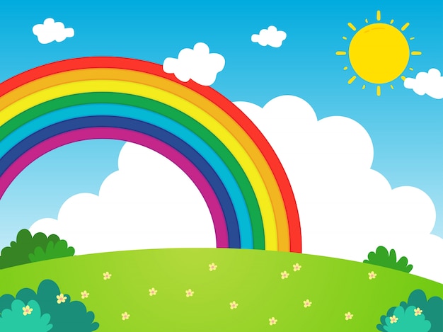 Paesaggio con arcobaleno in stile cartone animato
