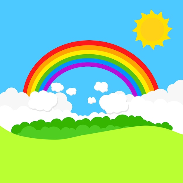 Landscape with rainbow and sun Vector illustration