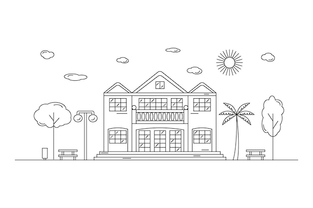 Landscape with residential building drawn by contour lines on a white background. Editable stroke. Vector illustration in line art style.