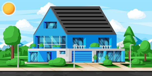 Vector landscape with residential cottage or countryside building exterior facade with trees and garden at front yard mountain modern suburban house real estate concept cartoon flat vector illustration