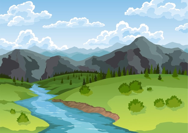 Vector landscape with river flowing through hills scenic green fields forest and mountains beautiful scene with river bank shore blue water green hill grass tree and clouds on sky