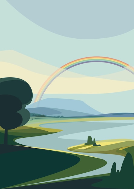 Landscape with river and rainbow. Natural scenery in vertical orientation.