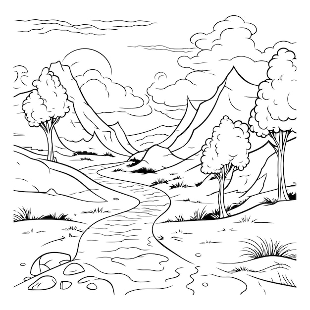 Vector landscape with river trees and mountains black and white vector illustration