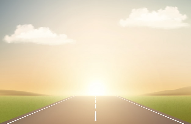 道路と夕日のある風景します。滑走路、雲、日の出