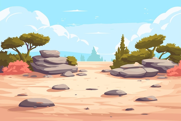 Vector landscape with rocks and trees cartoon style vector illustration