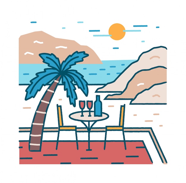 Vector landscape with romantic restaurant table and glasses of wine at exotic beach against ocean, cliffs and sun