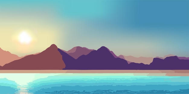 Vector landscape with sea and mountains beautiful dawn fantasy world idyllic tranquil morning