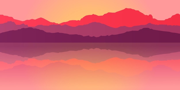 ベクトル 山のシルエットと日没のベクトル図で水に反射と風景