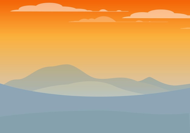 太陽が昇る時の山と森のシルエットの風景 ベクトルイラスト 山の丘