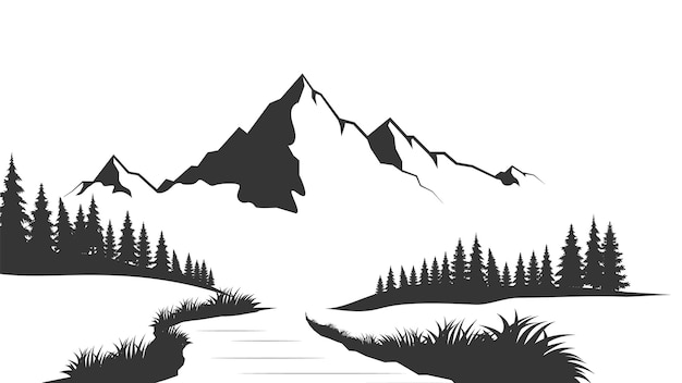 Landscape with silhouettes of mountains and Mountain river Nature background Vector illustration Old style black and white mountain vector illustration