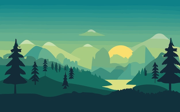 Landscape with silhouettes of mountains and Mountain river Nature background Vector illustration