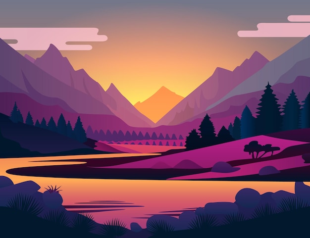 Vector landscape with silhouettes of mountains and mountain river nature background vector