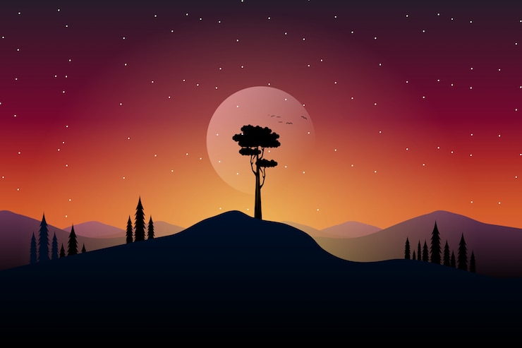 Vector landscape with silhouettes of trees with mountain and starry night