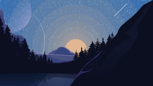 Vector landscape with starry sky