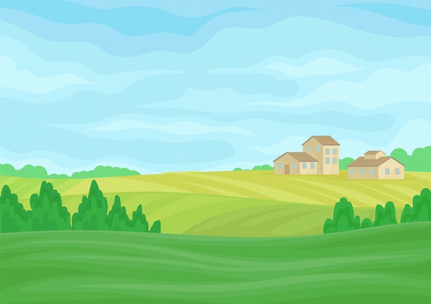 Vector landscape with stone barns in the distance in the hills.