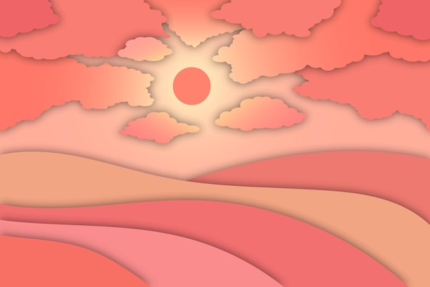 Landscape with sunset and clouds in paper cut style