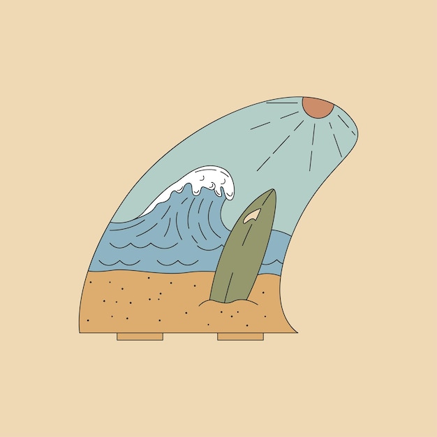 Landscape with surfboard sea and sun in the shape of a surfboard fin badge flat vector illustration