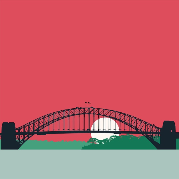 Пейзаж с мостом Харбор-Бридж в Сиднее. Векторная иллюстрация заката города.