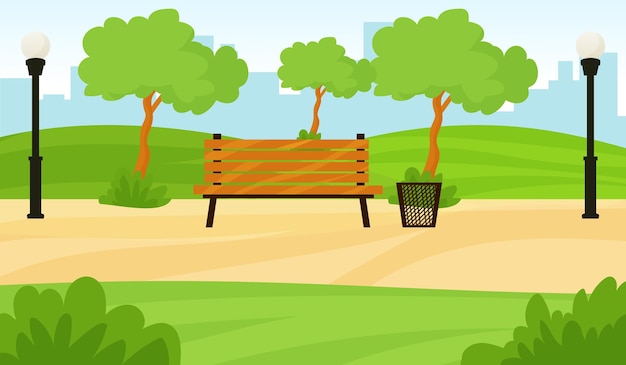 landscape with trees vector illustration of benches and streets in city park background