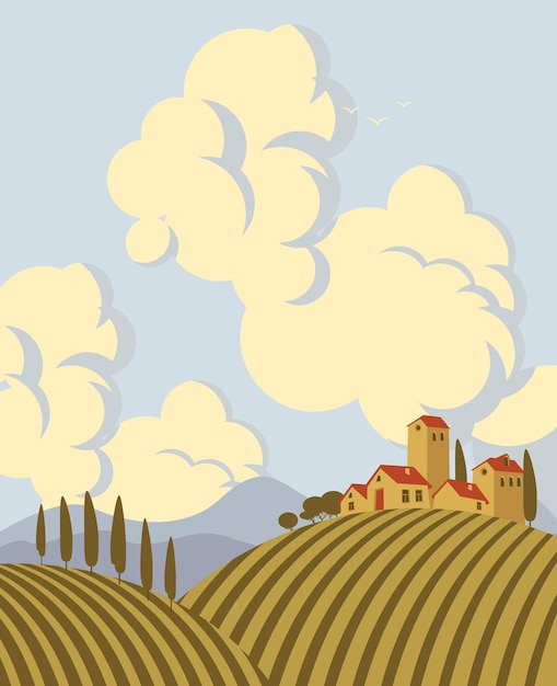 Vector landscape with village and rural fields