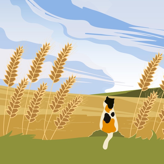 Landscape with wheat fields and green hills on background Vector illustration