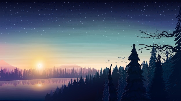 Vector landscape with a wide river flowing through a dense pine forest in a hilly area at sunrise. sunrise in forest with starry sky