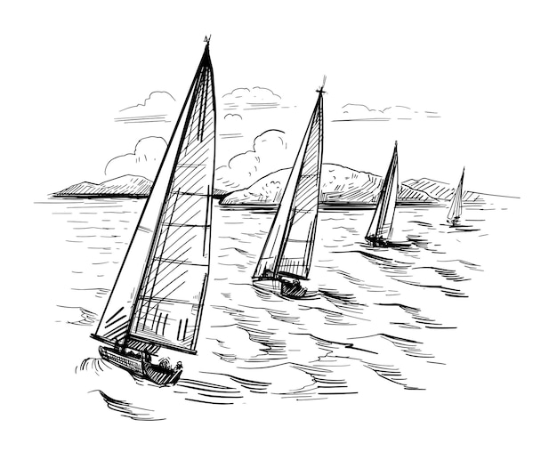 Landscape with yachts and the sea outline vector illustration yachting  black on transparent