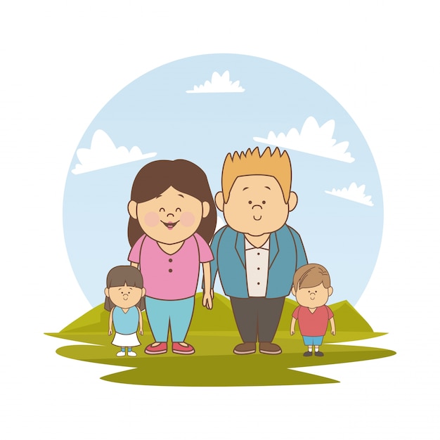 Vector  landscape with young couple parents and little kids 