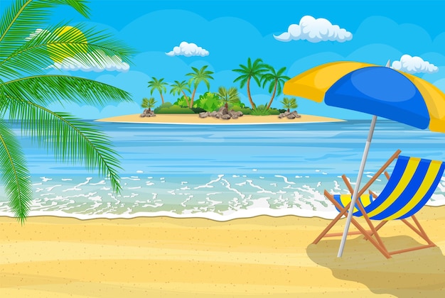 landscape of wooden chaise lounge, palm tree on beach.