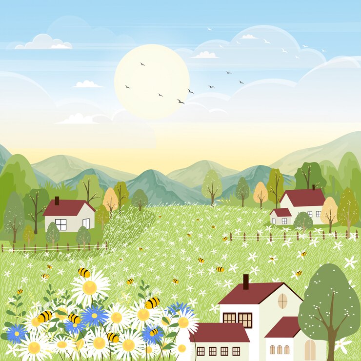 Vector 花に花粉を集めるミツバチと秋のかわいい漫画農場の風景。