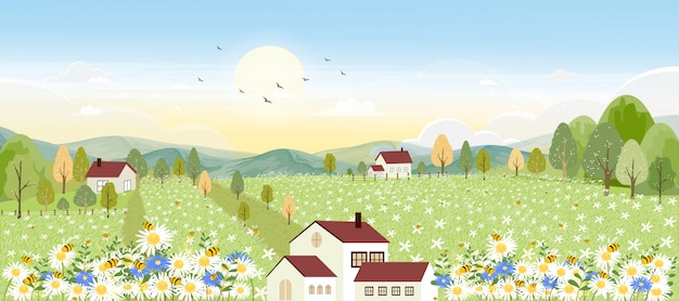 Landscapes of cute cartoon farm field in autumn with bee collecting pollen on flowers.