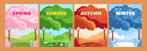 landscapes of the four seasons of nature landscape of spring summer autumn and winter in a hand drawn template