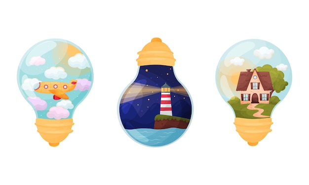 Vector landscapes and scenes inside glass bulb vector set