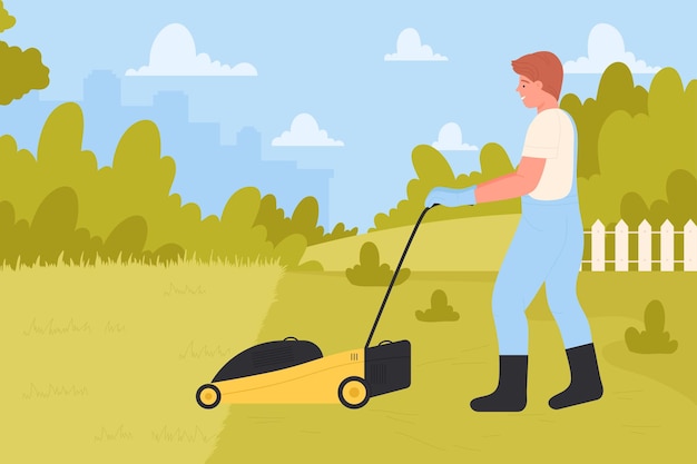 landscaping maintenance service man walking with lawnmower to cut and care grass of lawn