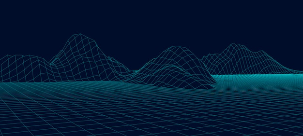 Ландшафтный дизайн гор Абстрактная трехмерная каркасная сетка киберпространства Векторная иллюстрация