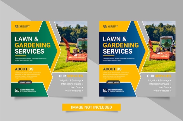 조경 서비스 또는 잔디 깎는 기계 정원 소셜 미디어 게시물 및 웹 배너 템플릿 잔디 깎기 포스터