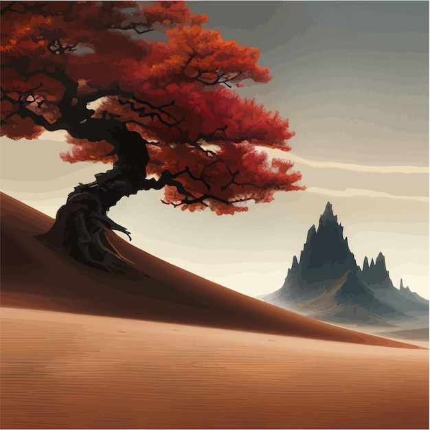 Landschap achtergrond herfst oranje grote kromme boom op de heuvel alleen plant kunstontwerp voor print