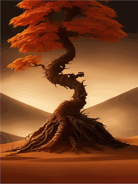 Landschap achtergrond herfst oranje grote kromme boom op heuvel aloneplant kunstontwerp voor printomslag