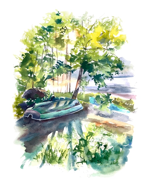 Landschap aquarel bos meer water zonsondergang lichte boot berk