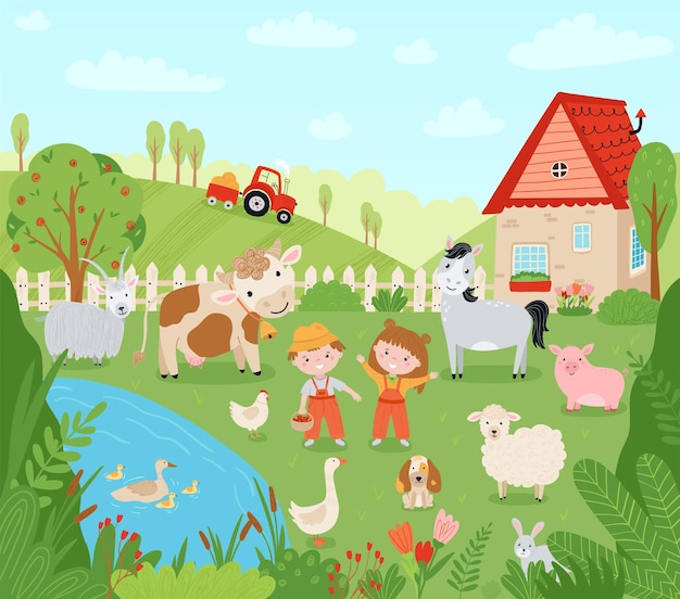 Landschap boerderij. Leuke achtergrond met boerderijdieren in een vlakke stijl. Kinderboeren oogsten gewassen. Illustratie met huisdieren, kinderen, molen, pick-up, dorpshuis. Vector