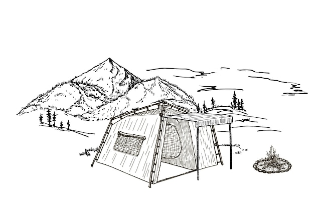 Landschap illustratie schetsstijl met tent kampvuur bergen boskamp natuurtoerisme kamperen