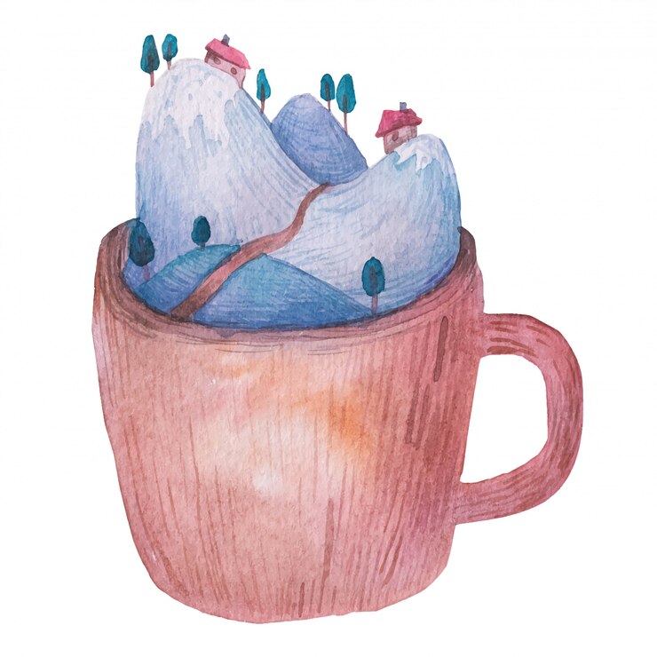 Vector landschap in een beker, bergen, bomen aquarel illustratie