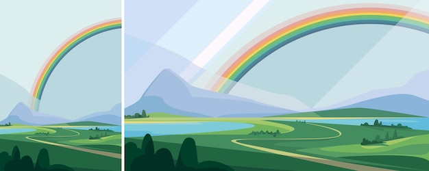 Vector landschap met bergen en regenboog