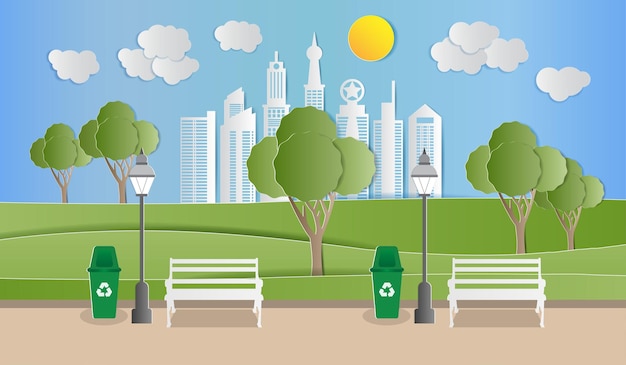 Landschap met dorp in de natuur en stadsparken Milieuvriendelijke wereld Papieren kunststijl Vectorillustratie