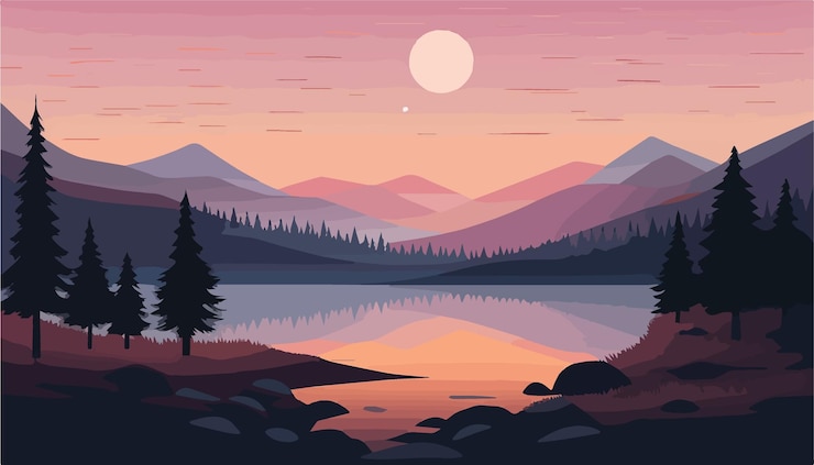 Vector landschap met een meer en bergen vectorillustratie in platte stijl