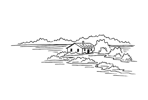 Landschap met landhuis Handgetekende illustratie geconverteerd naar vector