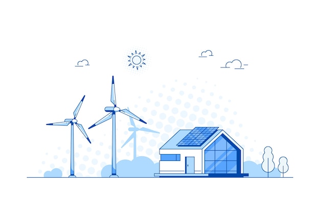 Landschap met modern huis, zonnepanelen en windturbines. Eco House, Energy Effective House, Green Energy banner conceptontwerp. Vlakke stijl vectorillustratie.