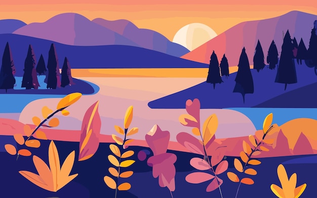 Landschap met silhouetten van bergen en bergrivier natuur achtergrond vectorillustratie