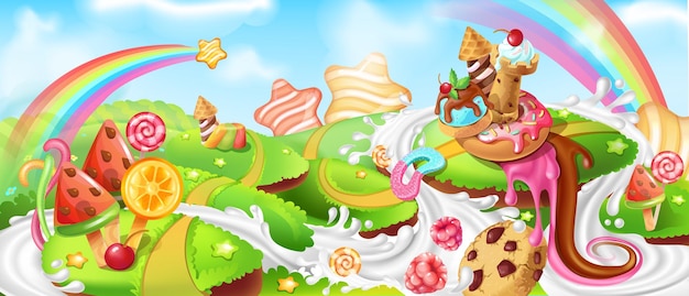 Landschap met snoep cartoon snoep land met chocolade boerderij melk rivier en heuvels met taarten en desserts sprookje panorama fantasie weiden dromerige vectorillustratie