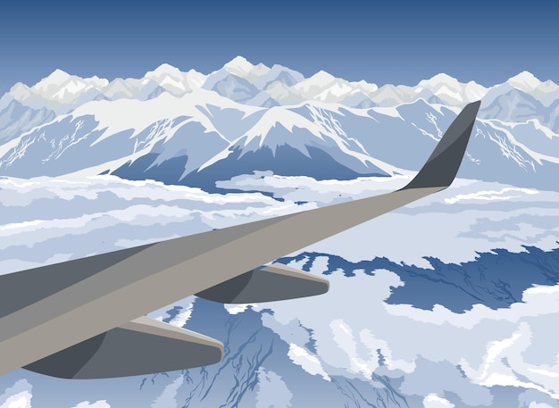 Vector landschap met uitzicht op de bergen vanuit het vliegtuig
